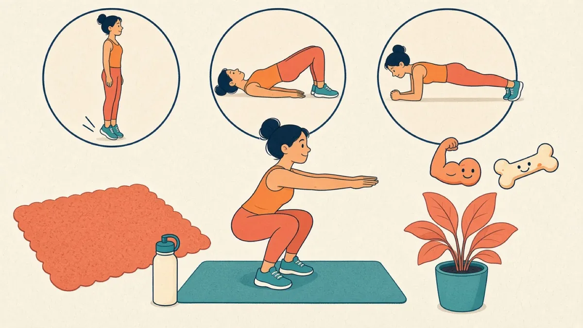 Ilustração de uma pessoa fazendo agachamento e elevação de panturrilha num tapete, com ícones de músculos e ossos.