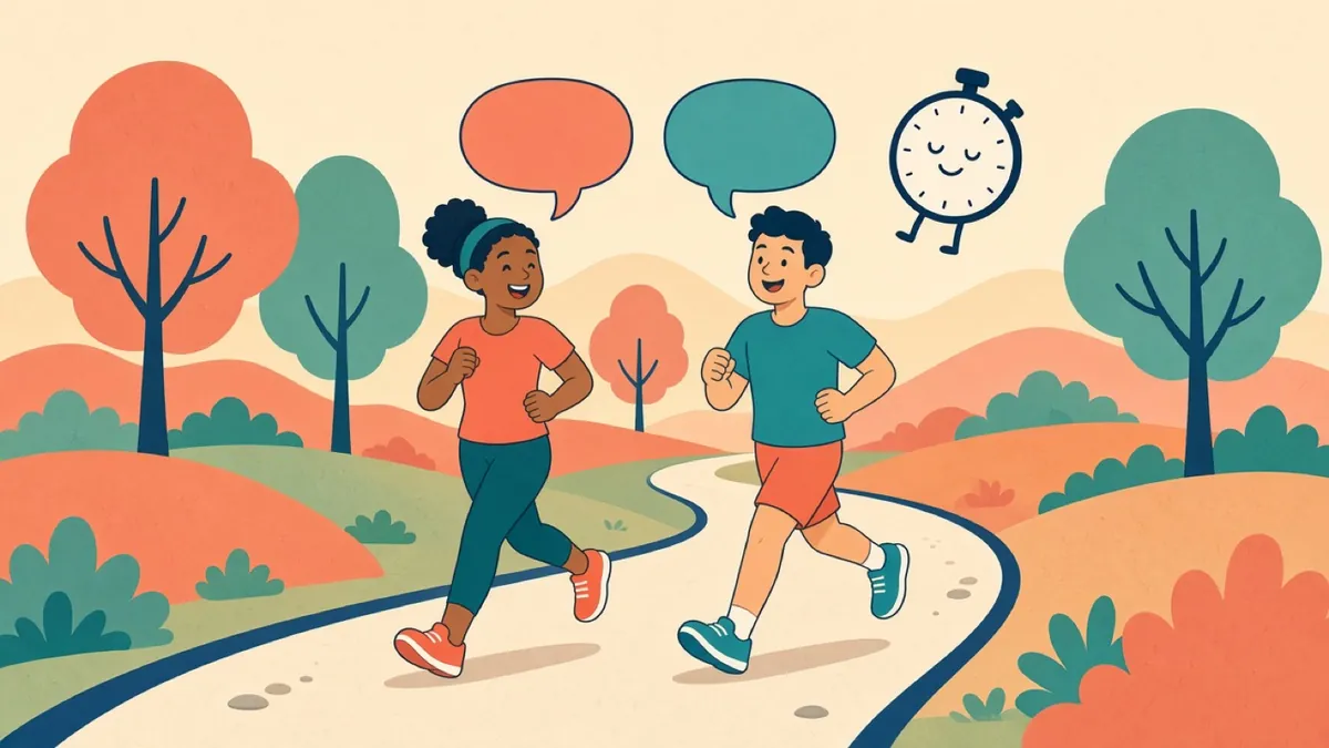 Ilustração de duas pessoas correndo lado a lado e conversando, com balões de fala e um cronômetro tranquilo.