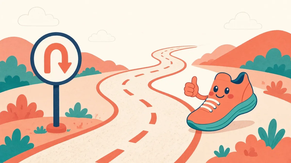 Ilustração de uma placa de retorno na estrada, indicando que dá para repetir a semana, ao lado de um tênis tranquilo.