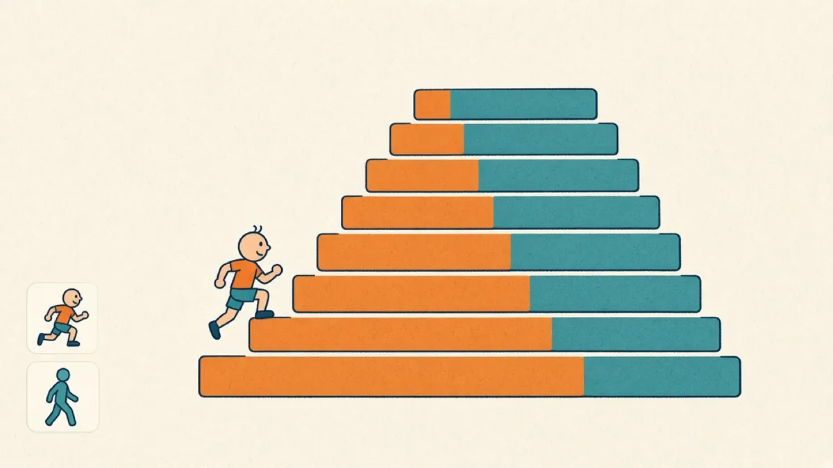 Ilustração em blocos coloridos mostrando os minutos de corrida aumentando e os de caminhada diminuindo ao longo de 8 semanas.