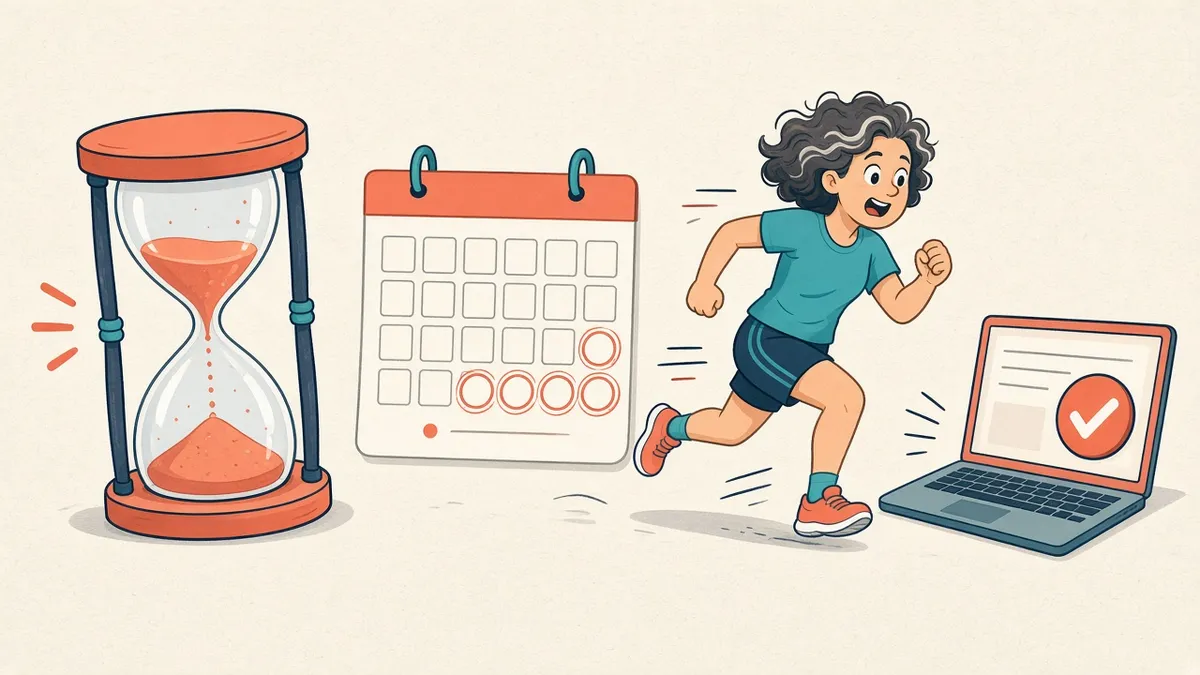 Ilustração de uma corredora de cabelo grisalho correndo até um notebook com um botão de confirmar, ao lado de uma ampulheta quase vazia e de um calendário com os últimos dias circulados.