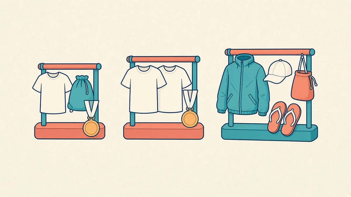 Ilustração de três araras de tamanhos crescentes: camiseta, sacochila e medalha na primeira; duas camisetas e medalha na segunda; corta-vento, boné, porta-tênis e chinelo na terceira.