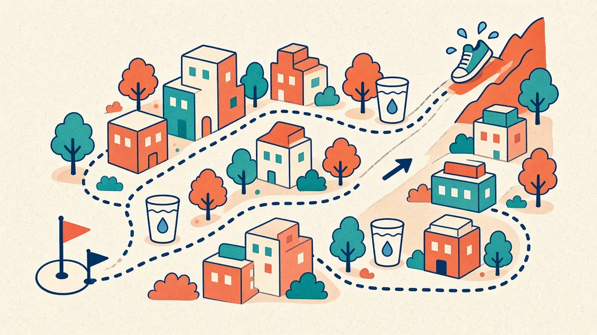 Ilustração de um mapa imaginário com um trajeto pontilhado entre prédios e árvores, copos de água pelo caminho e um tênis suando numa subida no fim.