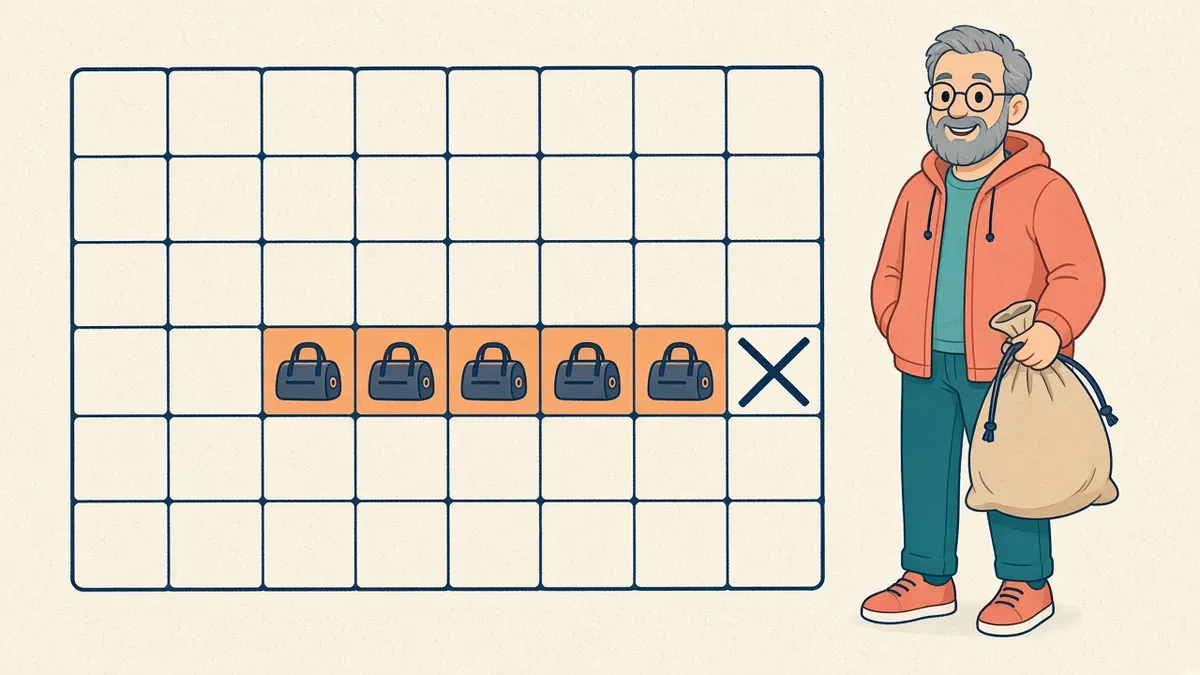 Ilustração de um calendário com cinco dias seguidos destacados com ícones de bolsa e o dia seguinte marcado com um X, ao lado de um homem grisalho de óculos segurando uma sacochila.