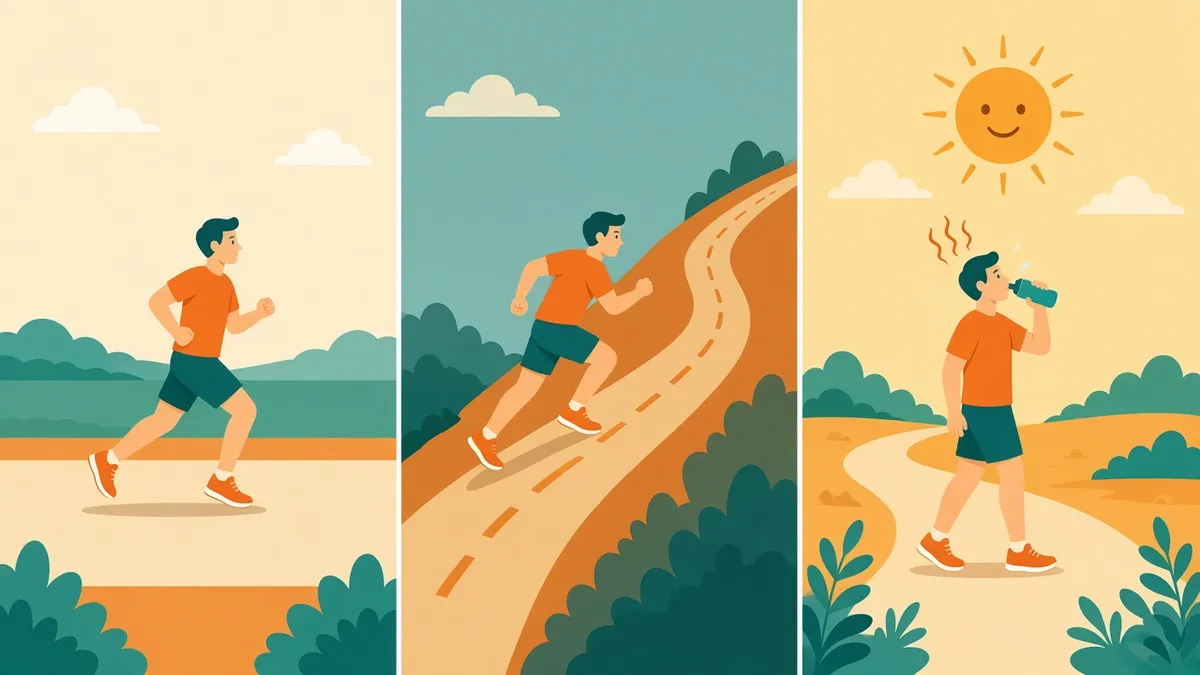 Ilustração em três quadros: um corredor numa reta plana, outro subindo uma ladeira e outro bebendo água sob um sol forte.